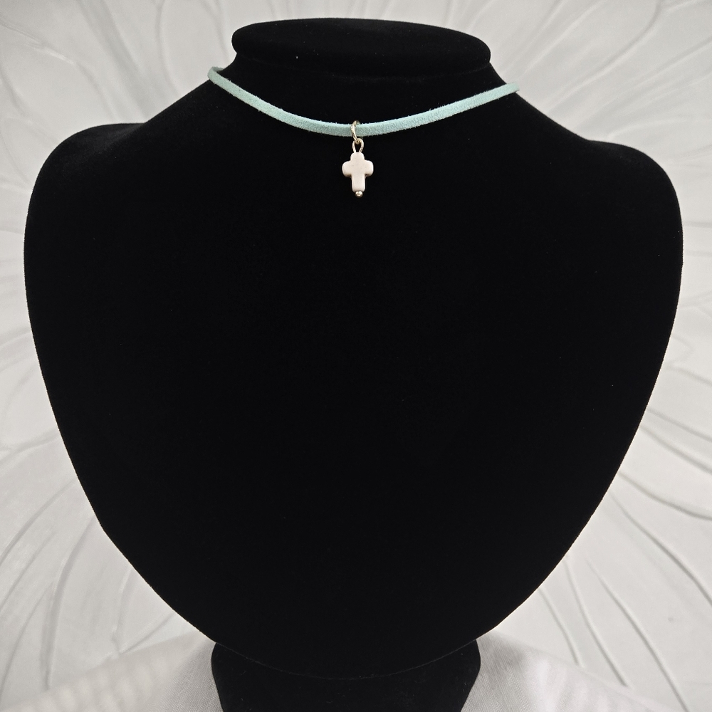 Light Blue Suede Choker With Cross Charm